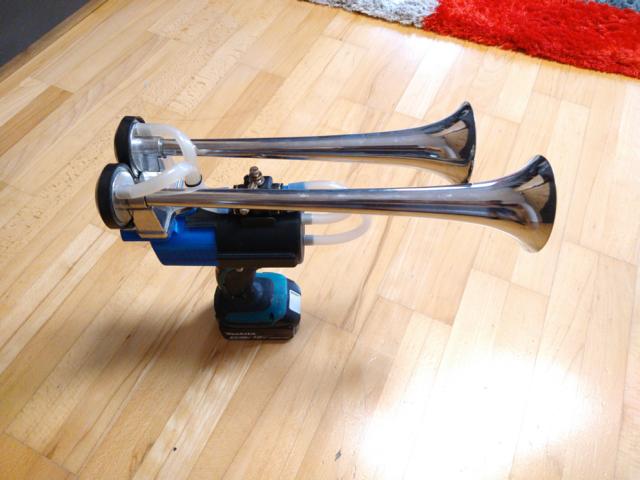 image finished electrical air horn on a cordless drill